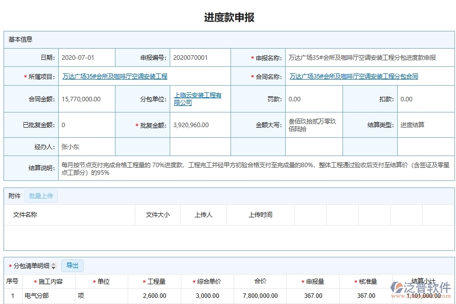 設(shè)備安裝工程企業(yè)分包進度款申請審批匯總單據(jù)及列表