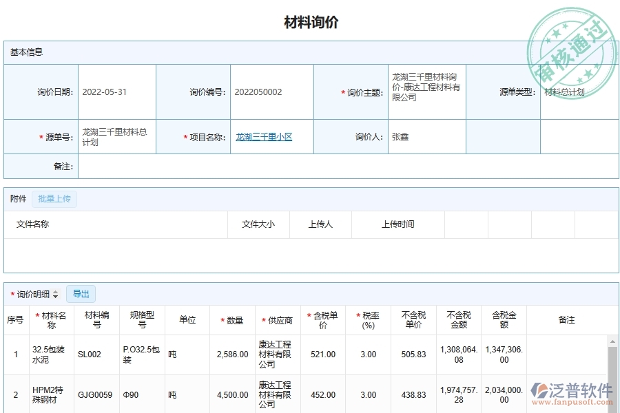 泛普軟件安裝工程材料詢(xún)價(jià)單管理平臺(tái)的主要功能