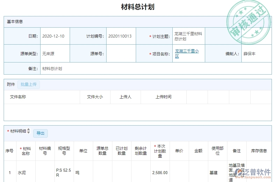 三、泛普軟件-機(jī)電工程管理系統(tǒng)在材料執(zhí)行情況表(按總計(jì)劃)中的解決方案