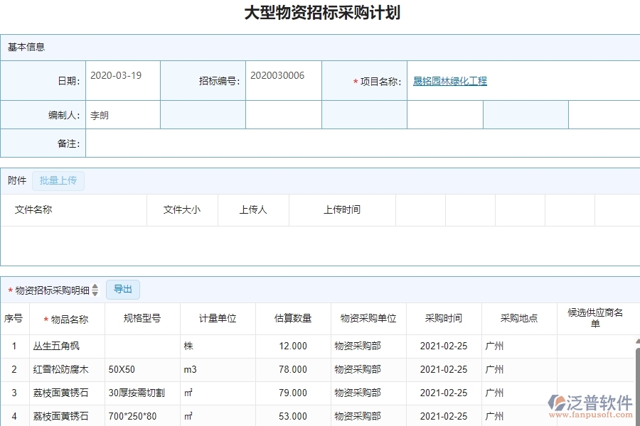 三、泛普軟件-園林工程企業(yè)管理系統(tǒng)中大型物資招標(biāo)采購(gòu)計(jì)劃的內(nèi)容