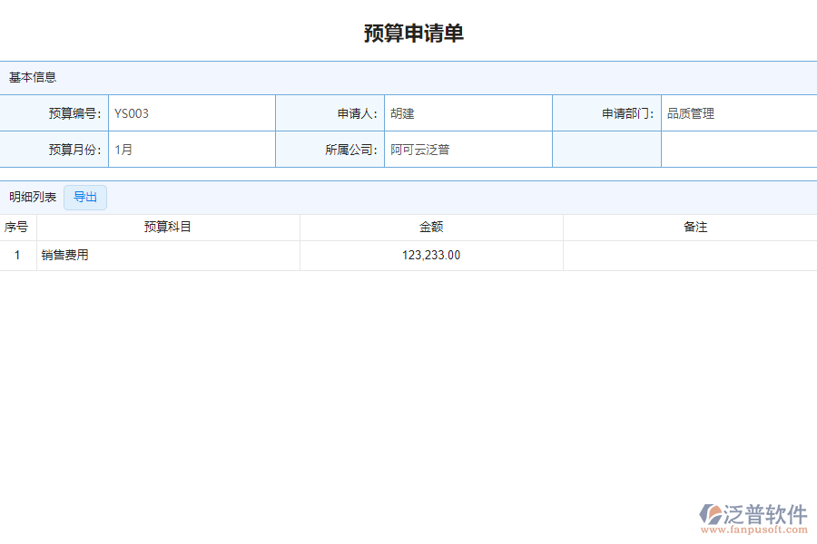 泛普軟件-市政工程企業(yè)管理軟件中預(yù)算申請單列表的單據(jù)樣式