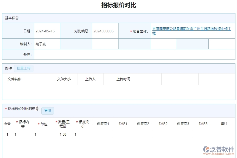 三、泛普軟件-公路工程企業(yè)管理系統(tǒng)的招標報價對比明細查詢的管控點