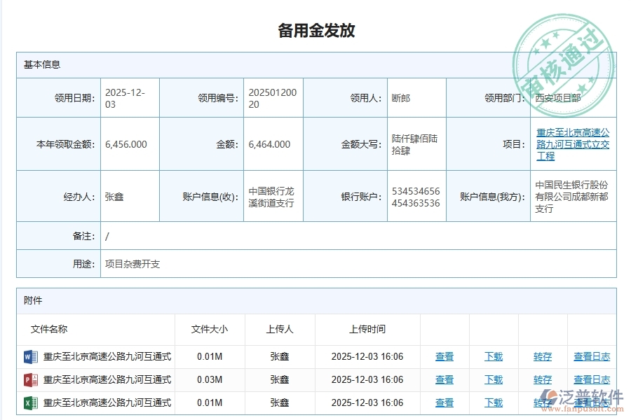 泛普軟件-路橋工程管理系統在備用金管理中的解決方案