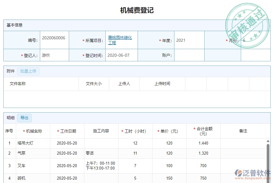 三、泛普軟件-園林工程企業(yè)管理系統(tǒng)項目機械費明細表的管控點作用