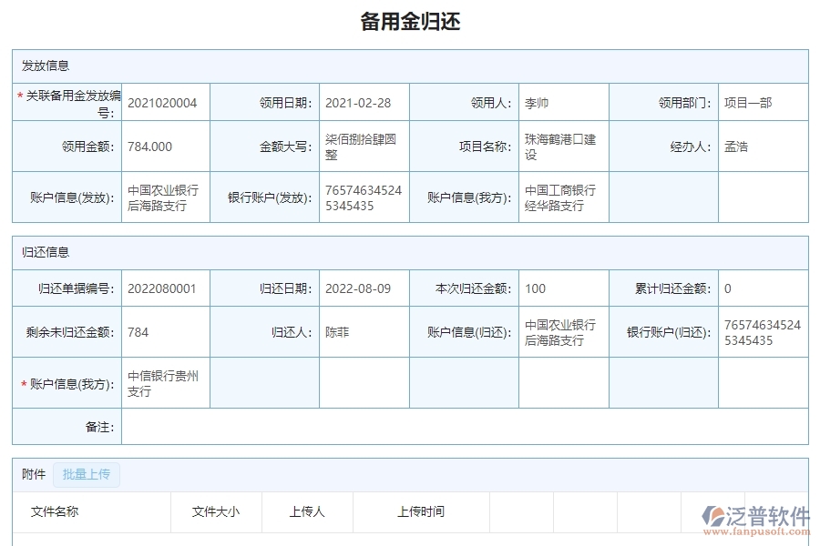 三、泛普軟件-園林工程企業(yè)管理系統(tǒng)中備用金歸還列表的框架