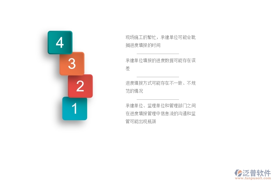 　　一、公路工程企業(yè)在進(jìn)度列表管理過(guò)程中存在的問(wèn)題有哪些  　　1、現(xiàn)場(chǎng)施工的繁忙，承建單位可能會(huì)耽擱進(jìn)度填報(bào)的時(shí)間，導(dǎo)致監(jiān)理單位和管理部門(mén)不能及時(shí)掌握項(xiàng)目的整體進(jìn)度情況。  　　2、承建單位填報(bào)的進(jìn)度數(shù)據(jù)可能存在誤差，如進(jìn)度節(jié)點(diǎn)的處理和審核不準(zhǔn)確，影響項(xiàng)目進(jìn)度的跟蹤和管理。  　　3、進(jìn)度填報(bào)方式可能存在不一致、不規(guī)范的情況，如進(jìn)度條目的格式不正確，起始時(shí)間和結(jié)束時(shí)間不清晰等，給后續(xù)數(shù)據(jù)處理和分析帶來(lái)困難。  　　4、在進(jìn)度填報(bào)過(guò)程中可能沒(méi)有及時(shí)記錄，無(wú)法追溯，導(dǎo)致后期數(shù)據(jù)統(tǒng)計(jì)與分析時(shí)無(wú)法確定具體的數(shù)據(jù)參考來(lái)源。  　　5、可能出現(xiàn)漏填、遺漏或者不完整的情況，導(dǎo)致數(shù)據(jù)處理不準(zhǔn)確，影響后續(xù)工作的提前預(yù)警、異常處理和決策分析。  　　6、承建單位、監(jiān)理單位和管理部門(mén)之間在進(jìn)度填報(bào)管理中信息流的溝通和監(jiān)管可能出現(xiàn)瓶頸，導(dǎo)致監(jiān)管難度加大，進(jìn)度管理效果下降。  　　二、泛普軟件-公路工程企業(yè)系統(tǒng)中進(jìn)度列表管理的管控點(diǎn)  　　1、制定進(jìn)度填報(bào)的標(biāo)準(zhǔn)格式，包括條目名稱(chēng)、填寫(xiě)格式、單位規(guī)定等，確保各方填報(bào)數(shù)據(jù)的格式一致性和標(biāo)準(zhǔn)化。  　　2、明確進(jìn)度填報(bào)的責(zé)任人和責(zé)任部門(mén)，細(xì)化填報(bào)流程和進(jìn)度監(jiān)管機(jī)制，確保進(jìn)度數(shù)據(jù)的完整性和準(zhǔn)確性。  　　3、采用信息化手段，如進(jìn)度管理系統(tǒng)、移動(dòng)App等，實(shí)現(xiàn)企業(yè)信息化管理和數(shù)據(jù)共享，促進(jìn)信息共享和協(xié)同工作。  　　4、在現(xiàn)場(chǎng)設(shè)立進(jìn)度填報(bào)點(diǎn)，配備專(zhuān)人跟蹤填報(bào)進(jìn)度數(shù)據(jù)，并對(duì)填報(bào)數(shù)據(jù)進(jìn)行審核和公示，有效控制填報(bào)數(shù)據(jù)的準(zhǔn)確性和實(shí)時(shí)性。  　　5、對(duì)進(jìn)度數(shù)據(jù)進(jìn)行分析，及時(shí)發(fā)現(xiàn)進(jìn)度異常情況并進(jìn)行預(yù)警和處理，以便保證項(xiàng)目進(jìn)度的正常推進(jìn)和提高施工效率。  　　6、將進(jìn)度填報(bào)數(shù)據(jù)進(jìn)行歸檔，建立進(jìn)度數(shù)據(jù)檔案庫(kù)，方便后期數(shù)據(jù)的查找和溯源，也便于后續(xù)的經(jīng)驗(yàn)總結(jié)和管理優(yōu)化。  　　三、泛普軟件-公路工程系統(tǒng)中進(jìn)度列表管理的技術(shù)優(yōu)勢(shì)  　　1、提高數(shù)據(jù)處理和分析的效率，實(shí)現(xiàn)實(shí)時(shí)數(shù)據(jù)共享和協(xié)同工作，減少重復(fù)工作和數(shù)據(jù)錯(cuò)誤，提升工作效率和施工質(zhì)量。  　　2、相較于傳統(tǒng)手工填寫(xiě)，數(shù)據(jù)的準(zhǔn)確性和實(shí)時(shí)性得到了很大程度上的提升，能夠更為精準(zhǔn)地掌握項(xiàng)目進(jìn)度的狀態(tài)，提升項(xiàng)目和施工質(zhì)量。  　　3、通過(guò)數(shù)據(jù)歸檔和建立數(shù)據(jù)檔案庫(kù)的方式，將填報(bào)的數(shù)據(jù)進(jìn)行歸檔，能夠方便后續(xù)的數(shù)據(jù)查找、溯源和數(shù)據(jù)分析，為后續(xù)工作提供數(shù)據(jù)支撐和決策依據(jù)。  　　4、實(shí)現(xiàn)不同部門(mén)和人員之間的信息共享和協(xié)同工作，能夠減少信息孤島和信息壁壘的出現(xiàn)，提高協(xié)同工作效率和施工質(zhì)量。  　　5、及時(shí)發(fā)現(xiàn)和處理施工過(guò)程中的問(wèn)題和風(fēng)險(xiǎn)，及時(shí)調(diào)整和優(yōu)化施工進(jìn)度和資源配置，提高工作流程和管理效率。  　　四、泛普軟件-公路工程管理系統(tǒng)在進(jìn)度列表中的解決方案  　　1、數(shù)據(jù)采集：通過(guò)系統(tǒng)采集設(shè)備監(jiān)測(cè)、人員作業(yè)等數(shù)據(jù)，實(shí)現(xiàn)數(shù)據(jù)自動(dòng)化和準(zhǔn)確性。  　　2、進(jìn)度分解：將工程項(xiàng)目按工序分解成多個(gè)節(jié)點(diǎn)，通過(guò)進(jìn)度管理系統(tǒng)進(jìn)行進(jìn)度規(guī)劃，確定各工序的計(jì)劃開(kāi)始時(shí)間、結(jié)束時(shí)間、工期等信息，形成進(jìn)度計(jì)劃表。  　　3、進(jìn)度跟蹤：通過(guò)實(shí)時(shí)監(jiān)控工程進(jìn)度，對(duì)進(jìn)度偏差情況進(jìn)行預(yù)警和報(bào)警，及時(shí)調(diào)整進(jìn)度計(jì)劃，保證施工工序按照計(jì)劃有序進(jìn)行。  　　4、進(jìn)度協(xié)同：系統(tǒng)內(nèi)部溝通協(xié)作，實(shí)現(xiàn)不同人員、部門(mén)的進(jìn)度信息共享和協(xié)同工作，減少信息重復(fù)填寫(xiě)和過(guò)時(shí)的情況，提高工作效率。  　　5、進(jìn)度分析：通過(guò)進(jìn)度數(shù)據(jù)分析，快速判斷工程進(jìn)度的偏差情況和原因，對(duì)進(jìn)度延誤和提前因素進(jìn)行分析和處理，提高工程質(zhì)量和效益。  　　6、進(jìn)度報(bào)告：根據(jù)進(jìn)度數(shù)據(jù)生成報(bào)表和圖表，實(shí)現(xiàn)進(jìn)度數(shù)據(jù)的可視化展示，為管理決策提供數(shù)據(jù)支撐。