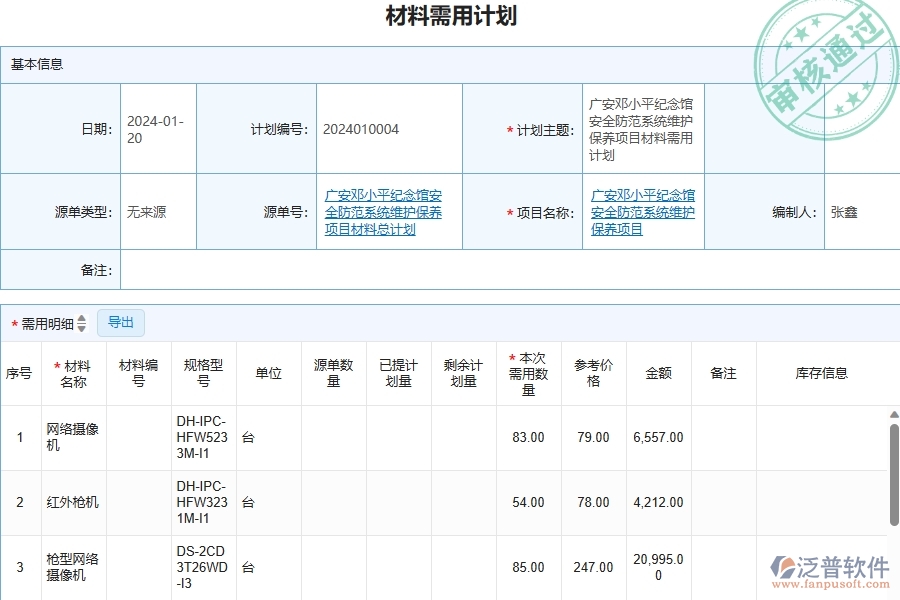 三、安防工程企業(yè)使用了泛普軟件-工程材料需用計(jì)劃列表軟件的好處是什么