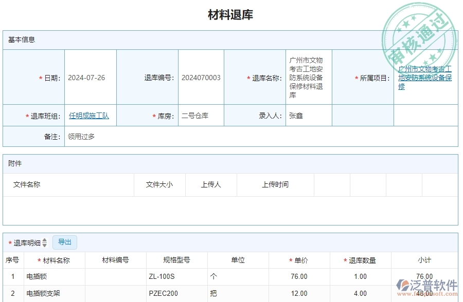 三、泛普軟件-安防工程企業(yè)管理系統(tǒng)材料退庫(kù)明細(xì)查詢的管控點(diǎn)及作用