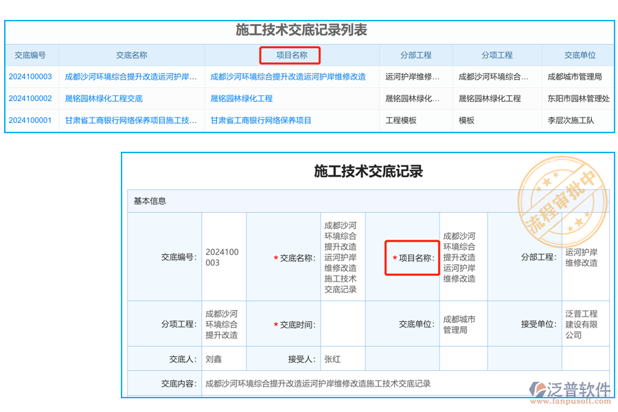施工技術(shù)交底列表中【項目名稱】字段