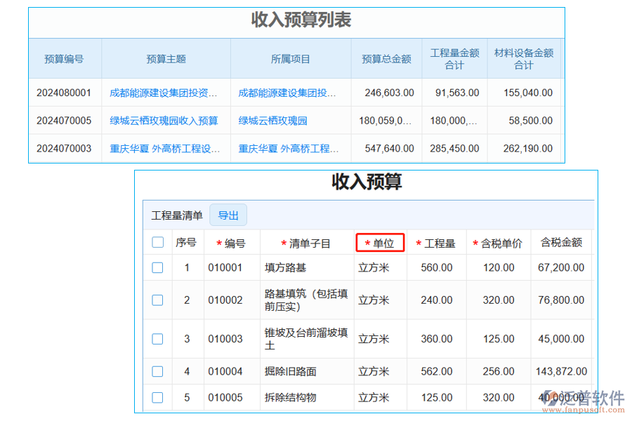 收入預算列表中【施工單位】字段